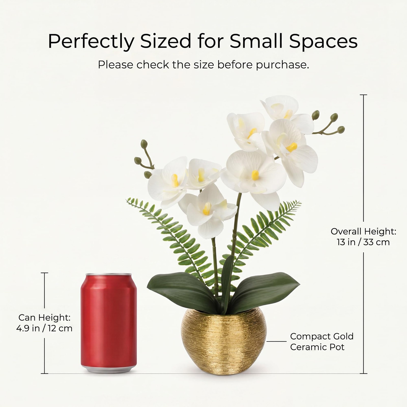 Artificial Orchid Flowers in Gold Ceramic Pot, 13″ Small White Faux Phalaenop…