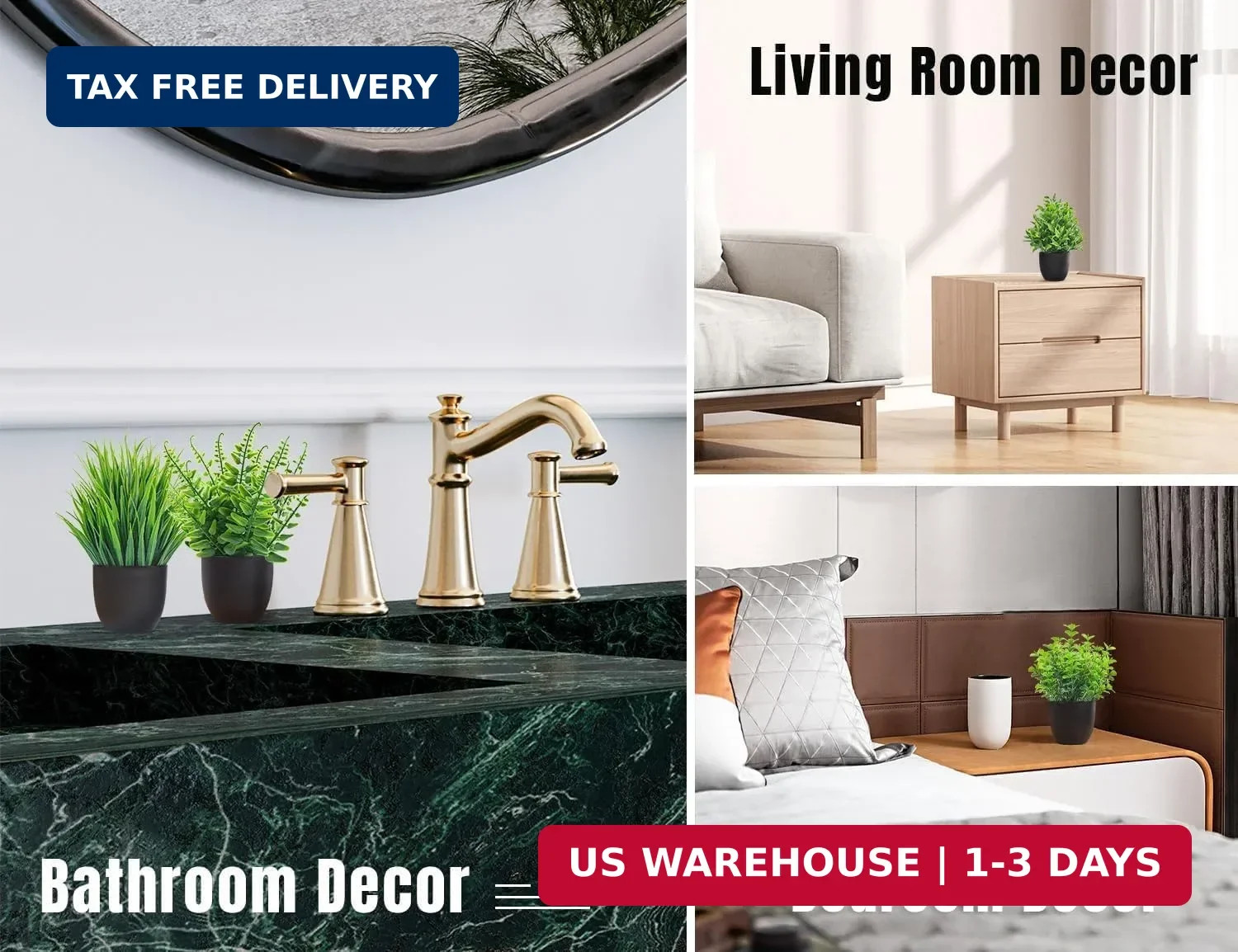 Der Rose 4 Pack Small Fake Plants in Black Pots, Bathroom Office Decor | No-wate