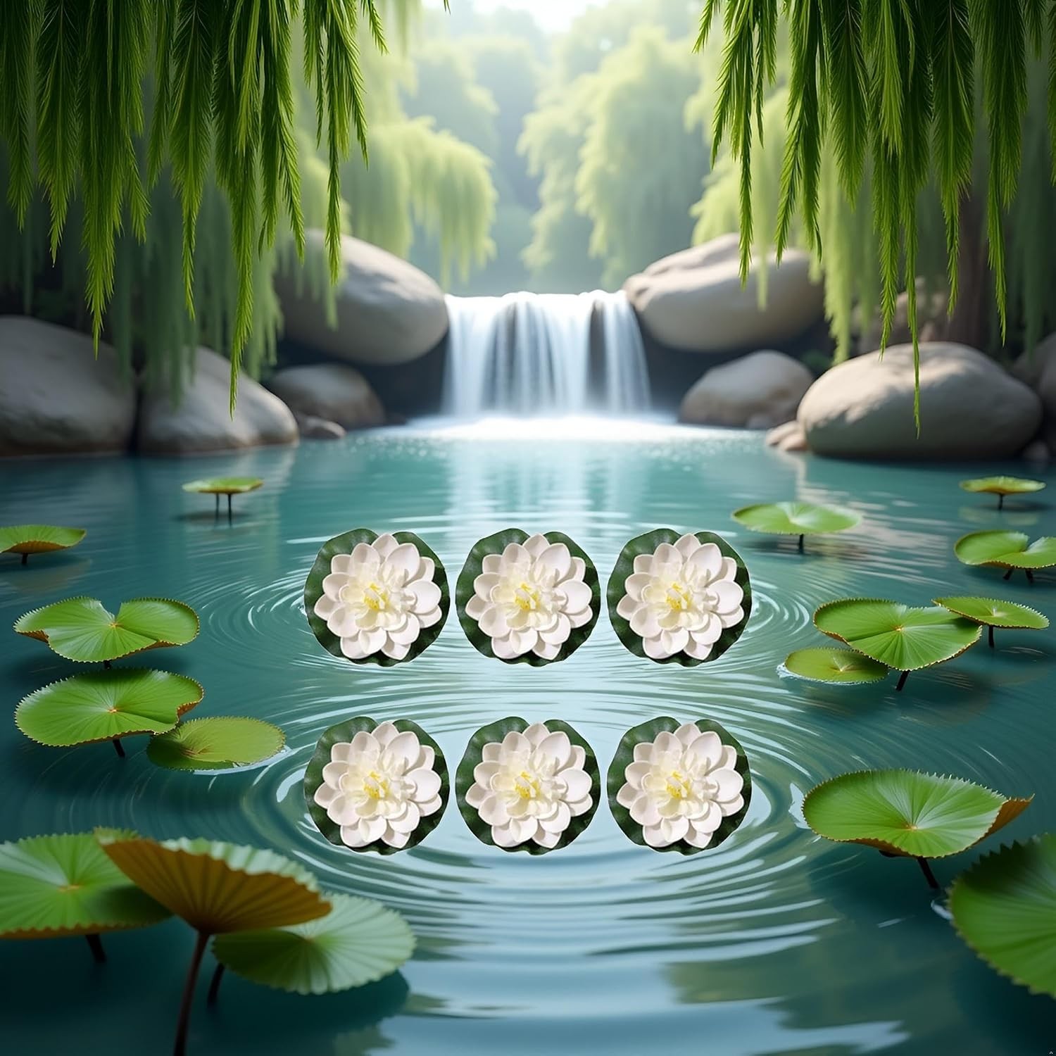 Lily Pad for Ponds, 6 Pcs White Artificial Lotus, Realistic Water Floating Foam