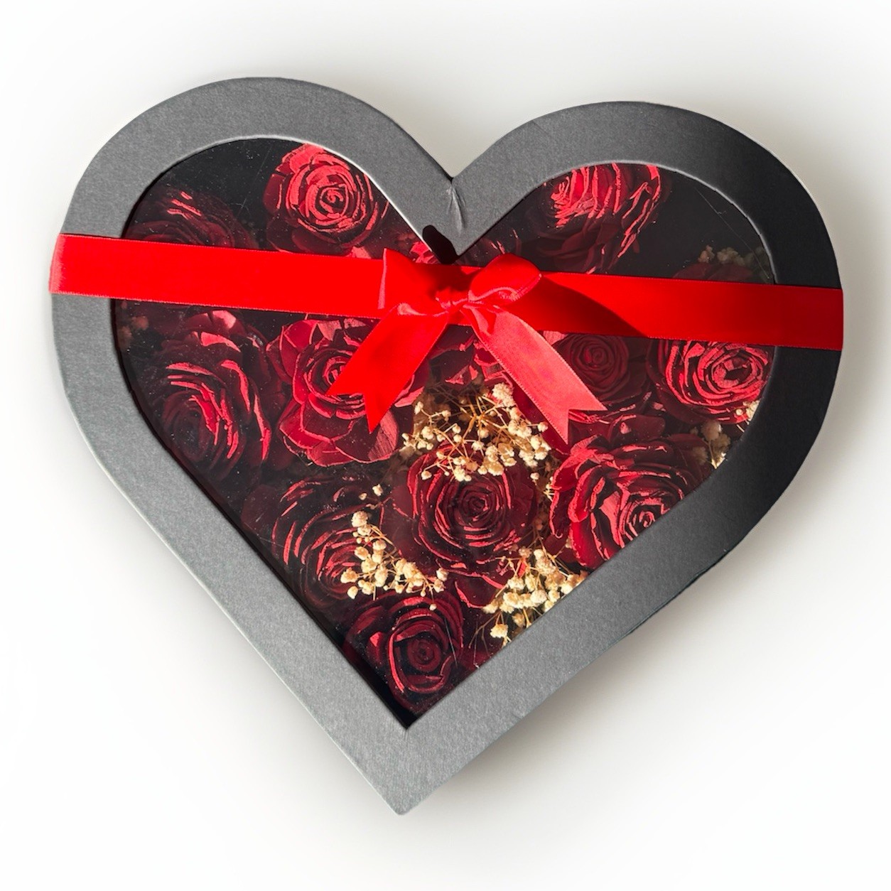Luxury Heart Shaped Preserved Red Rose Box Frame Romantic Gift or Desk Decor