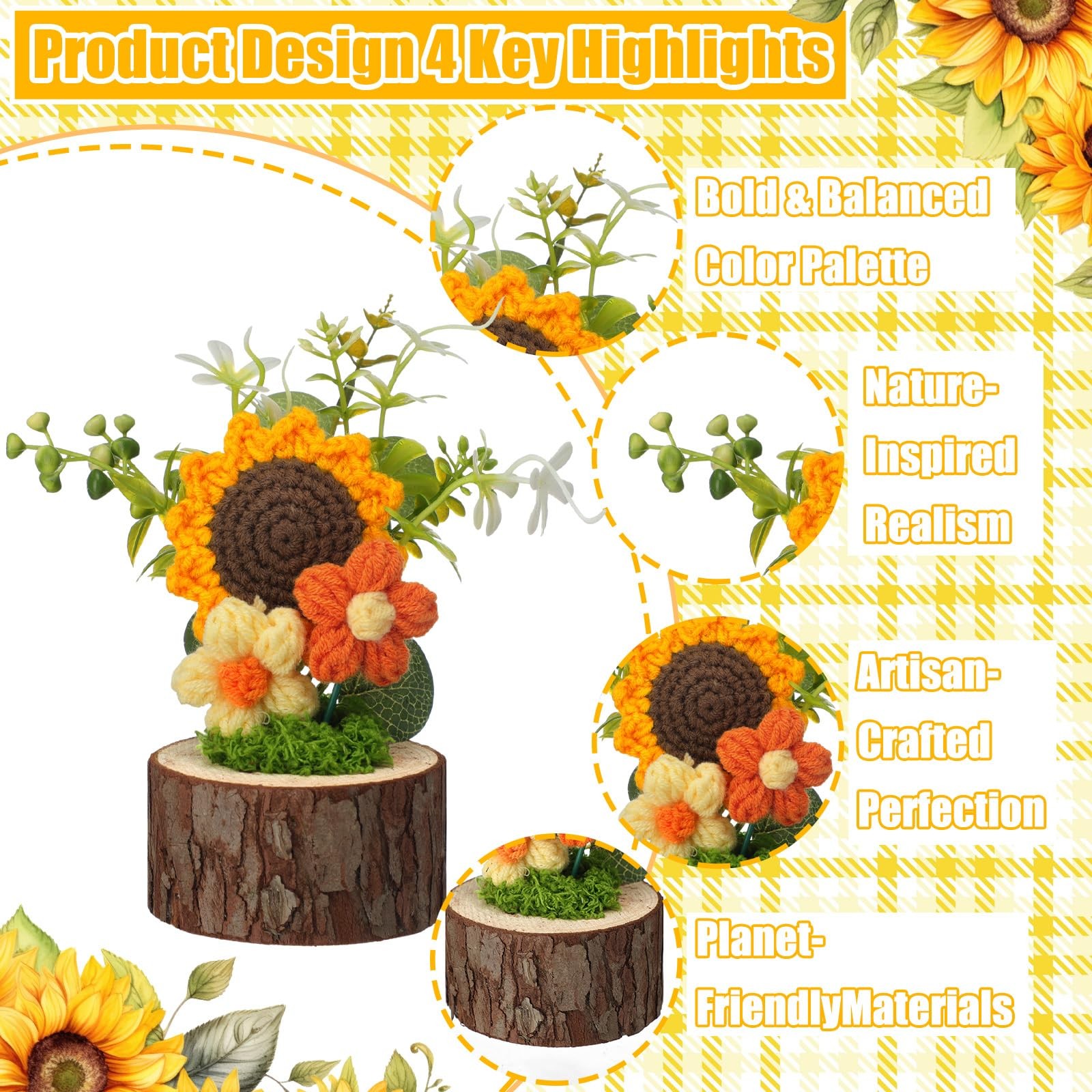 10 Pcs Sunflower Crochet Flowers Bouquet Bulk Summer Thank You Teacher Gift O…