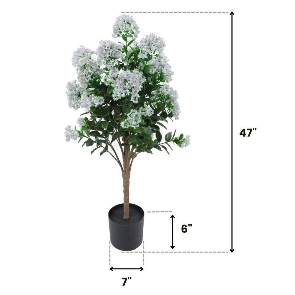 47 In. UV Resistant Green Artificial Lilac White Plant Tree in Black Pot