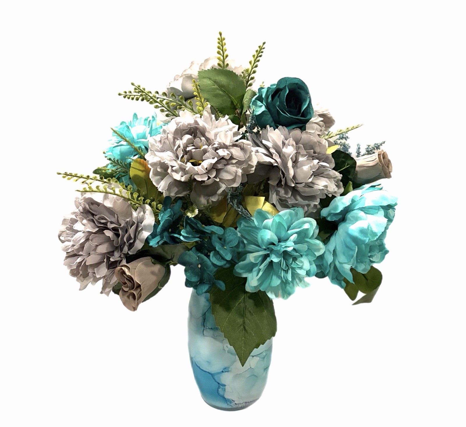 Silk Floral Arrangement Centerpiece Turquoise Blue & Gray Italian Glass Vase 18”