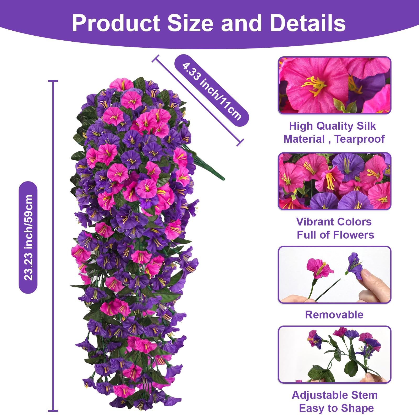 2Pcs 300 Blooms Artificial Hanging Flowers Plants for Outdoor, UV Resistant S…