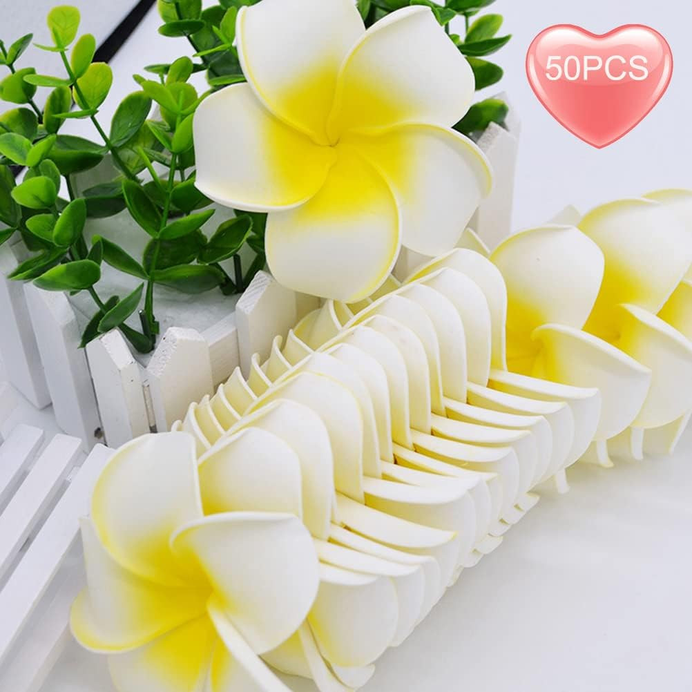 50Pcs 2.4Inch Artificial White Foam Plumeria Rubra Hawaii Frangipani Beach Flowe