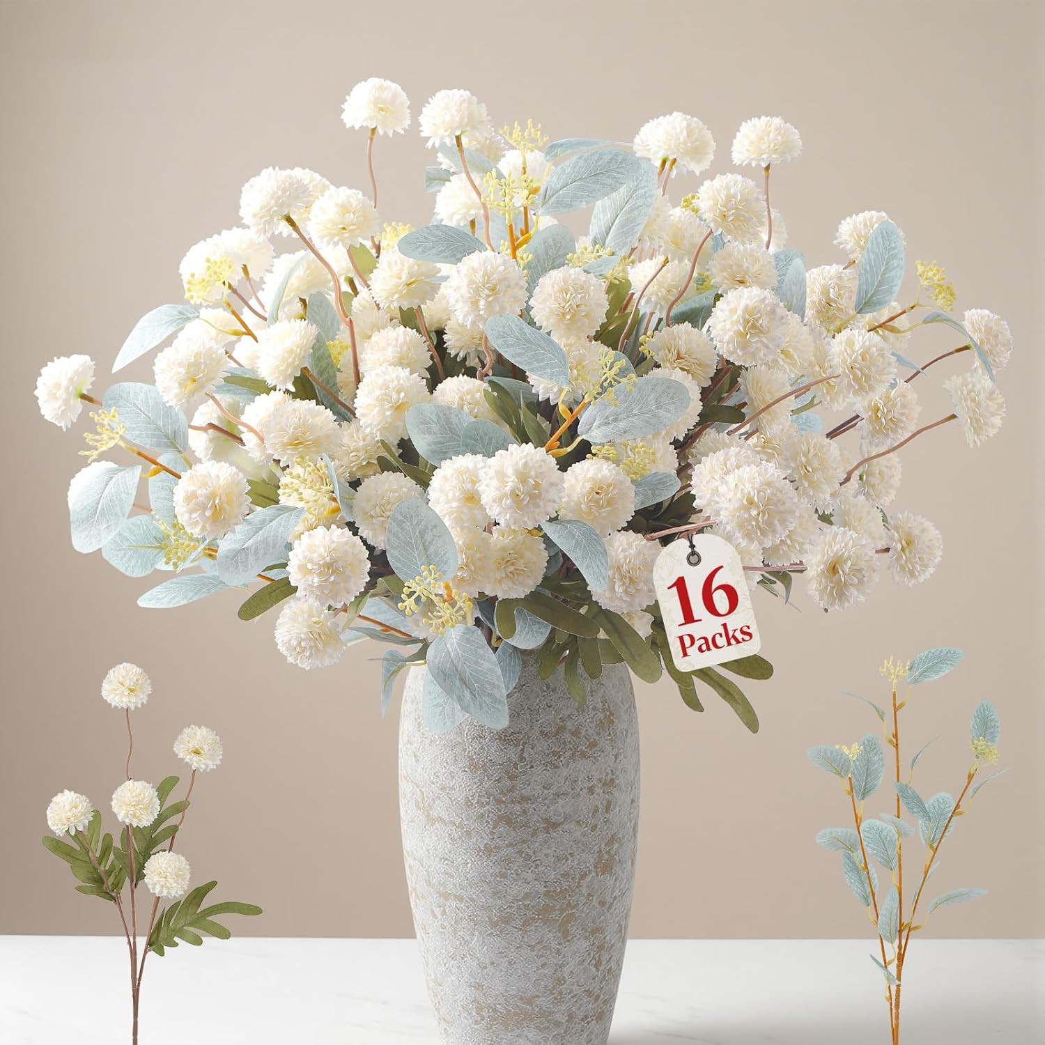 16PCS Faux Silk Pompon Mums Artificial Flowers with Eucalyptus, Fake Chrysanthem