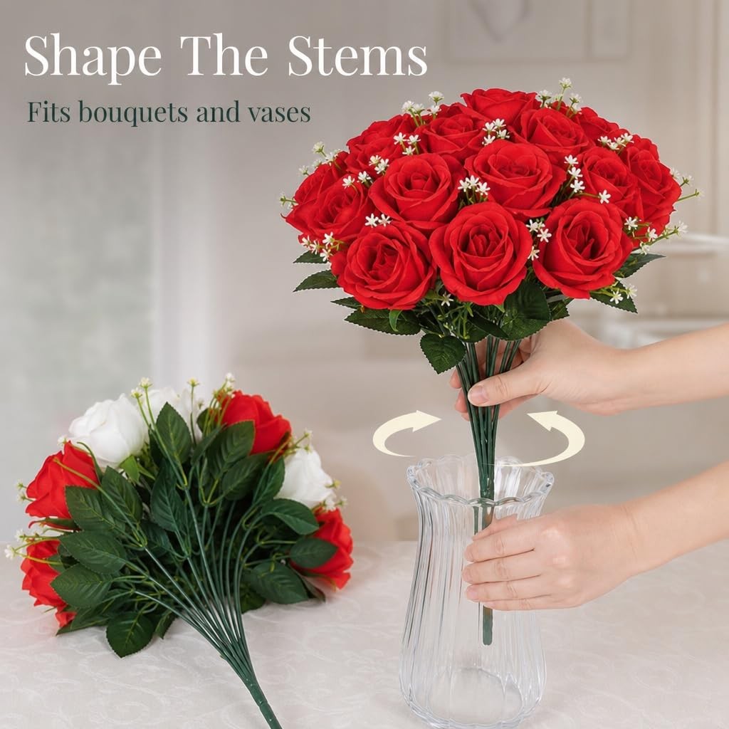 16 Inch Artificial Silk Red Rose Bush Gyp Foliage 24 Heads Wedding Grave 1 PCS
