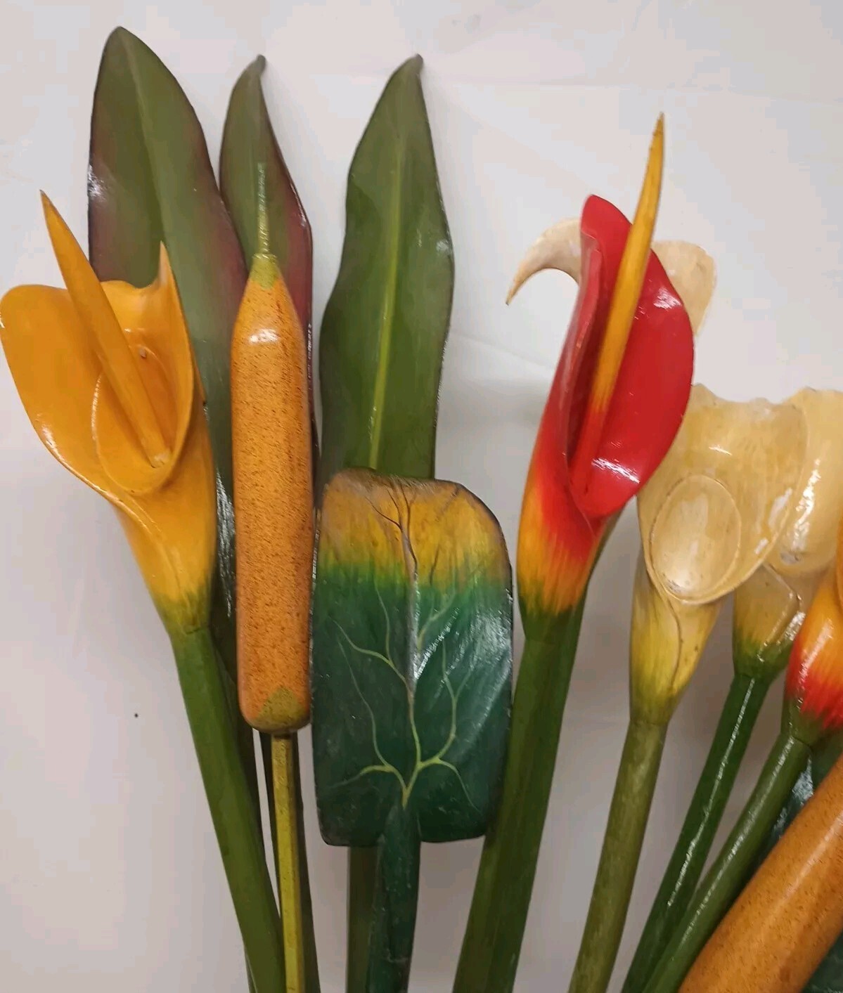 VTG Wood Tropical Flowers Long Stem 36″ Leaves Lot Of 13 Wooden Painted Carved