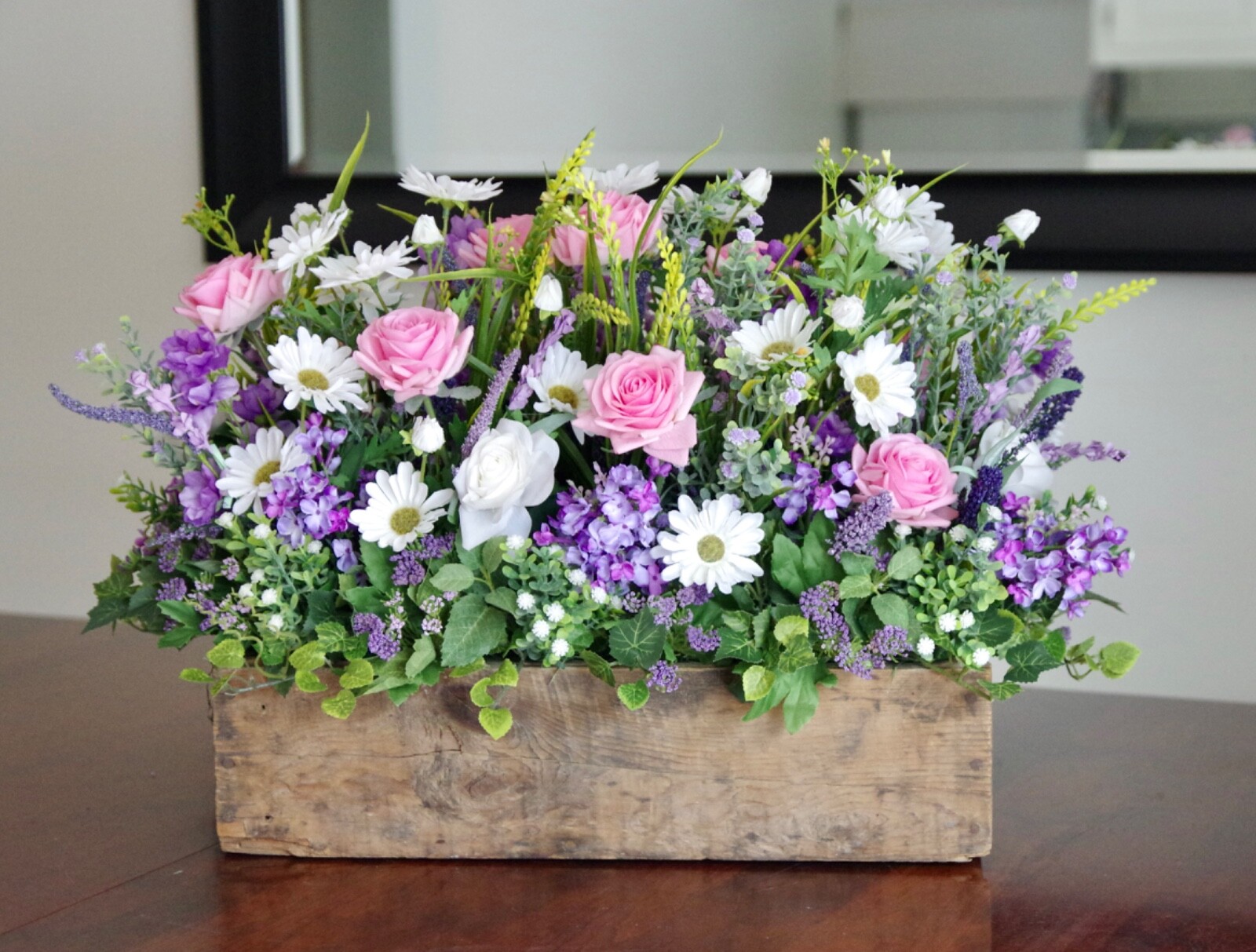 Vintage Wooden Box With Silk Pink and White Rose and Lavender Lilac Arrangement