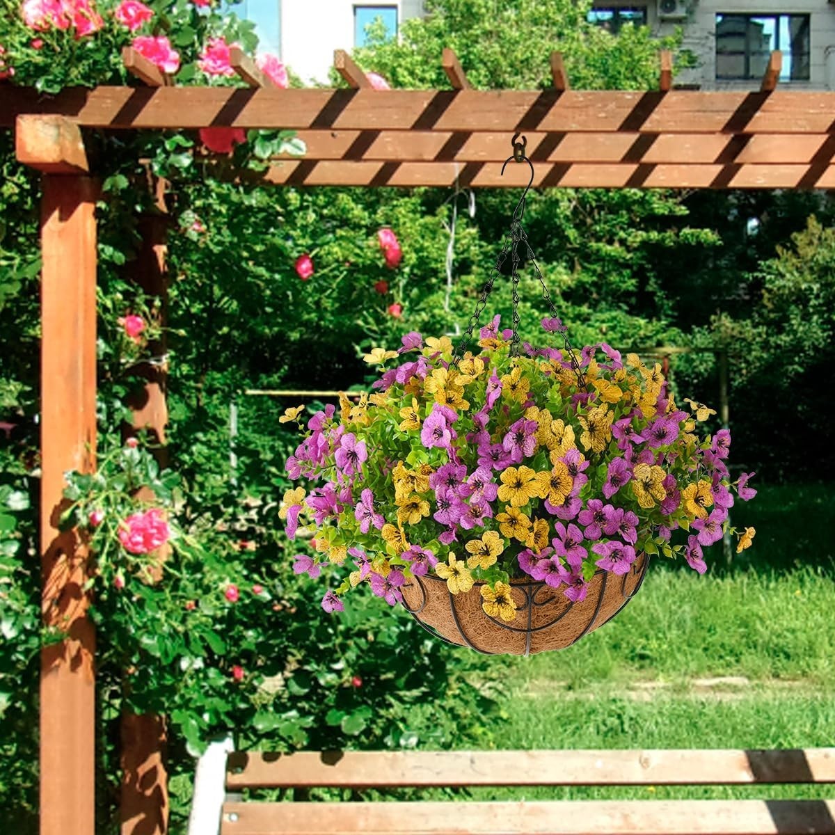 Vibrant UV Resistant Faux Hanging Daisies in Metal Basket – Outdoor Elegance