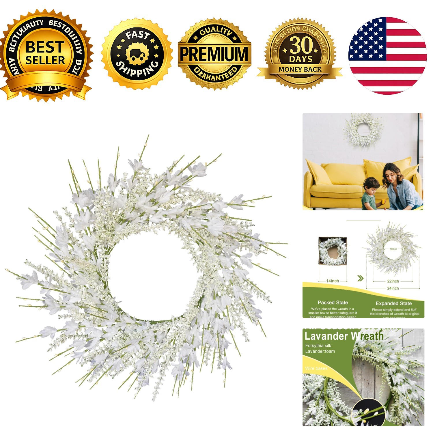 24 Inch White Forsythia Lavender Wreath Silk Floral Arrangement Wedding Decor