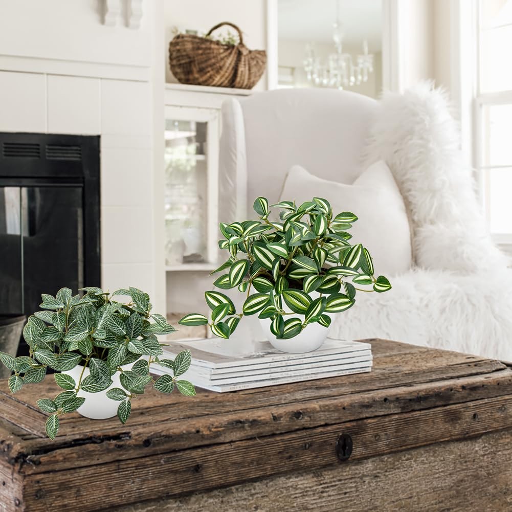 2 PCS Fake Artificial Faux Plants With White Plastic Pot Small Home Desk