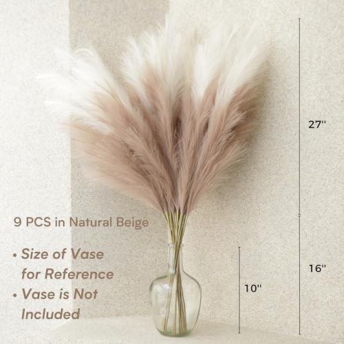 Faux Pampas Grass Tall, 9 PCS 43”/ 110 cm Large Fluffy Pampas Natural Beige