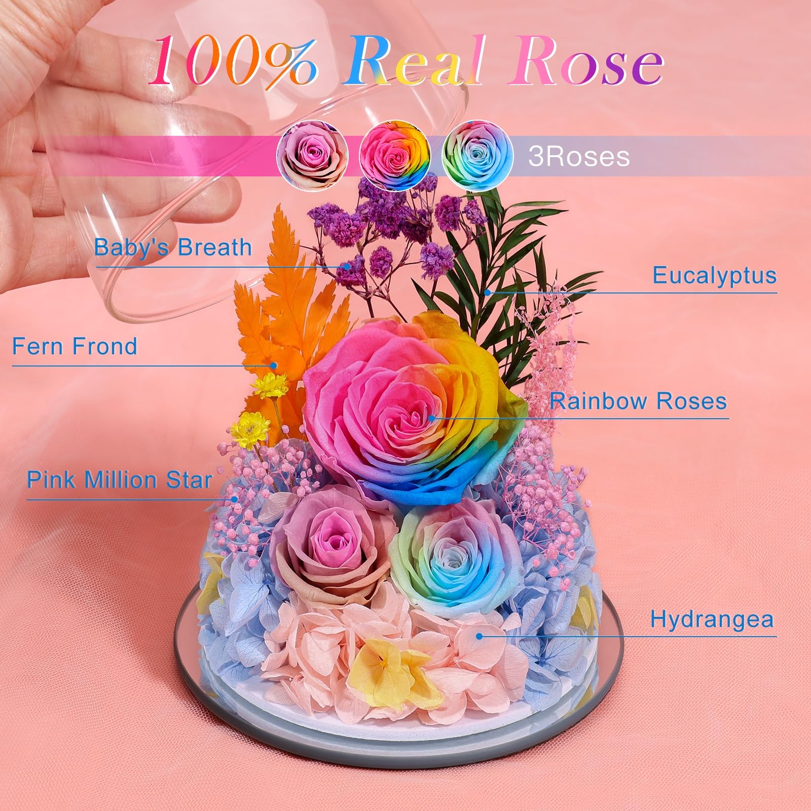 Gifts for Mom Preserved Rose Forever Flower in Glass Angel Figurine Fresh Flo…