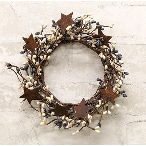 Farmhouse Pip Berry Candle Ring /Mini Wreath w/Rusty Stars