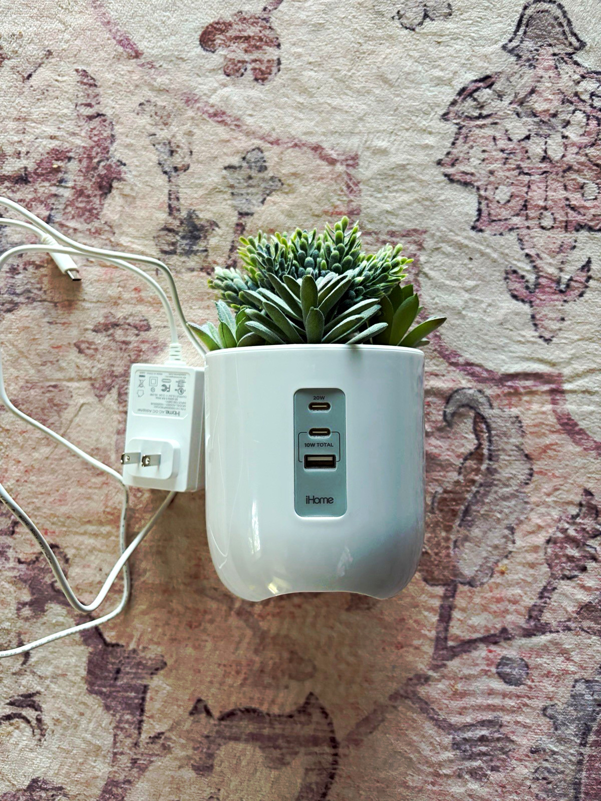 iHome Artificial Succulent Planter, White/Green, USB Charging Station