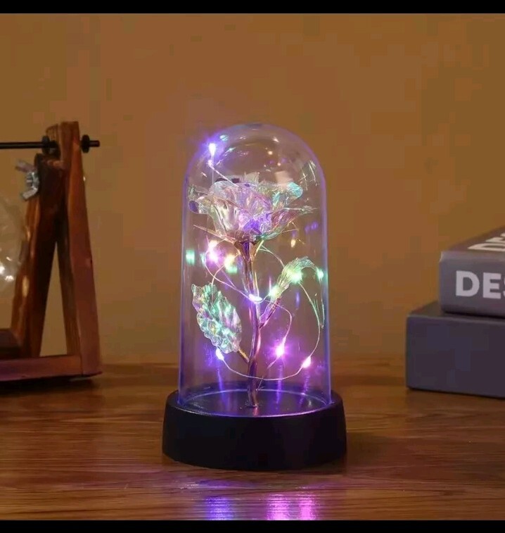 New With Box – Cryst Rose with LED Light In Dome Cover – Happy Birthday – White