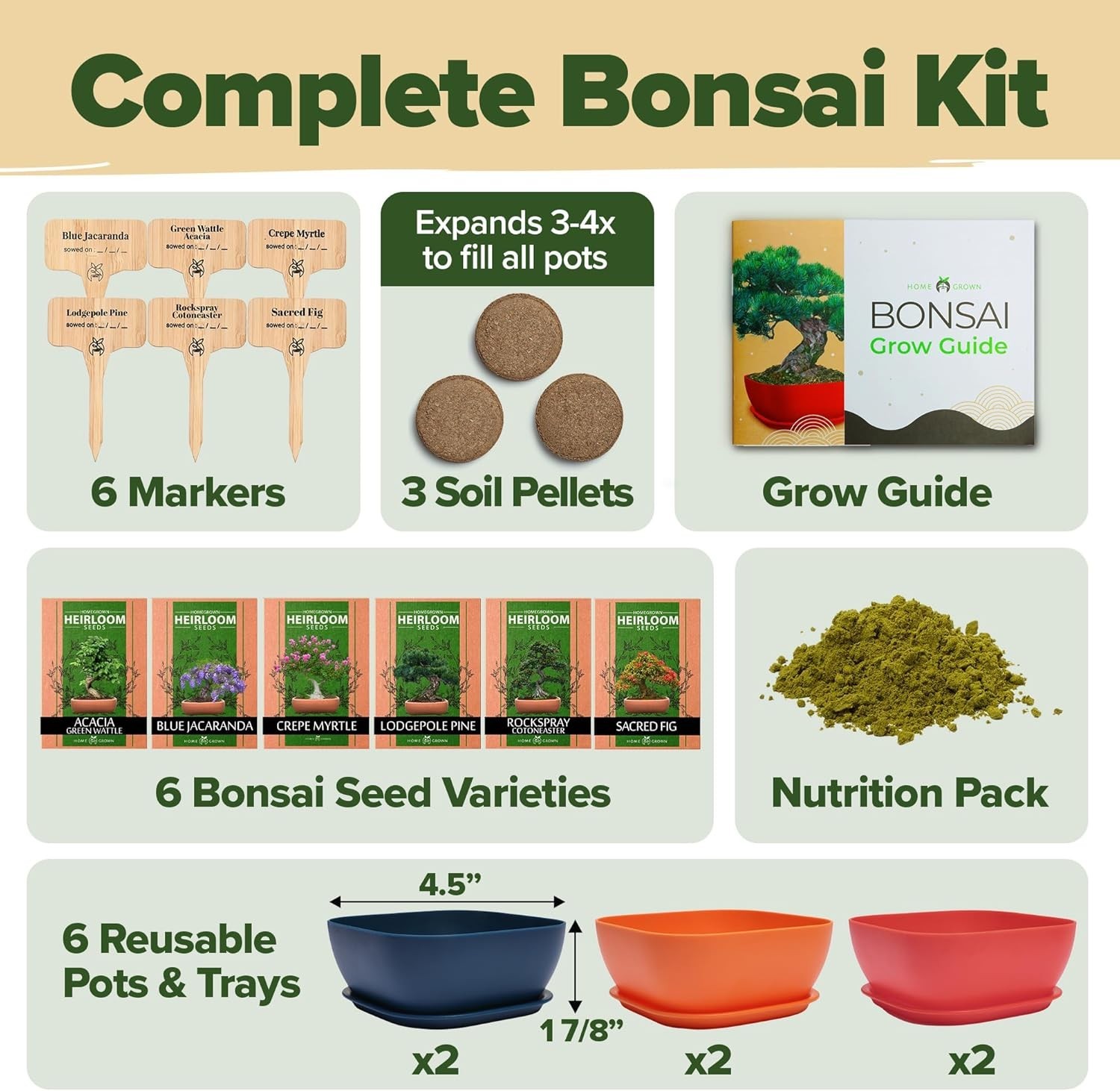 HOME GROWN 𝗨𝗦𝗔 Bonsai Tree Kit – 6 Heirloom Varieties Master