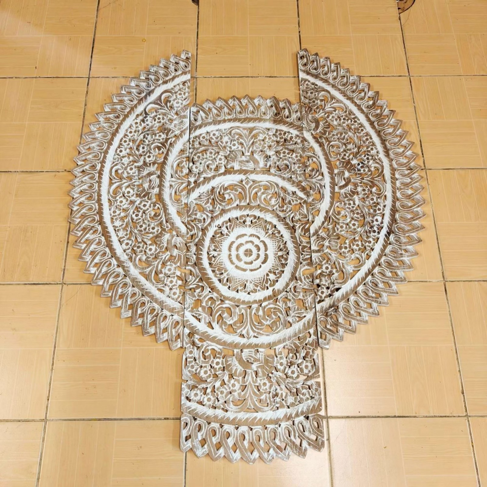 36″ Large Round White Mandala Wood Carving Wedding Decor Nursery Coastal Living