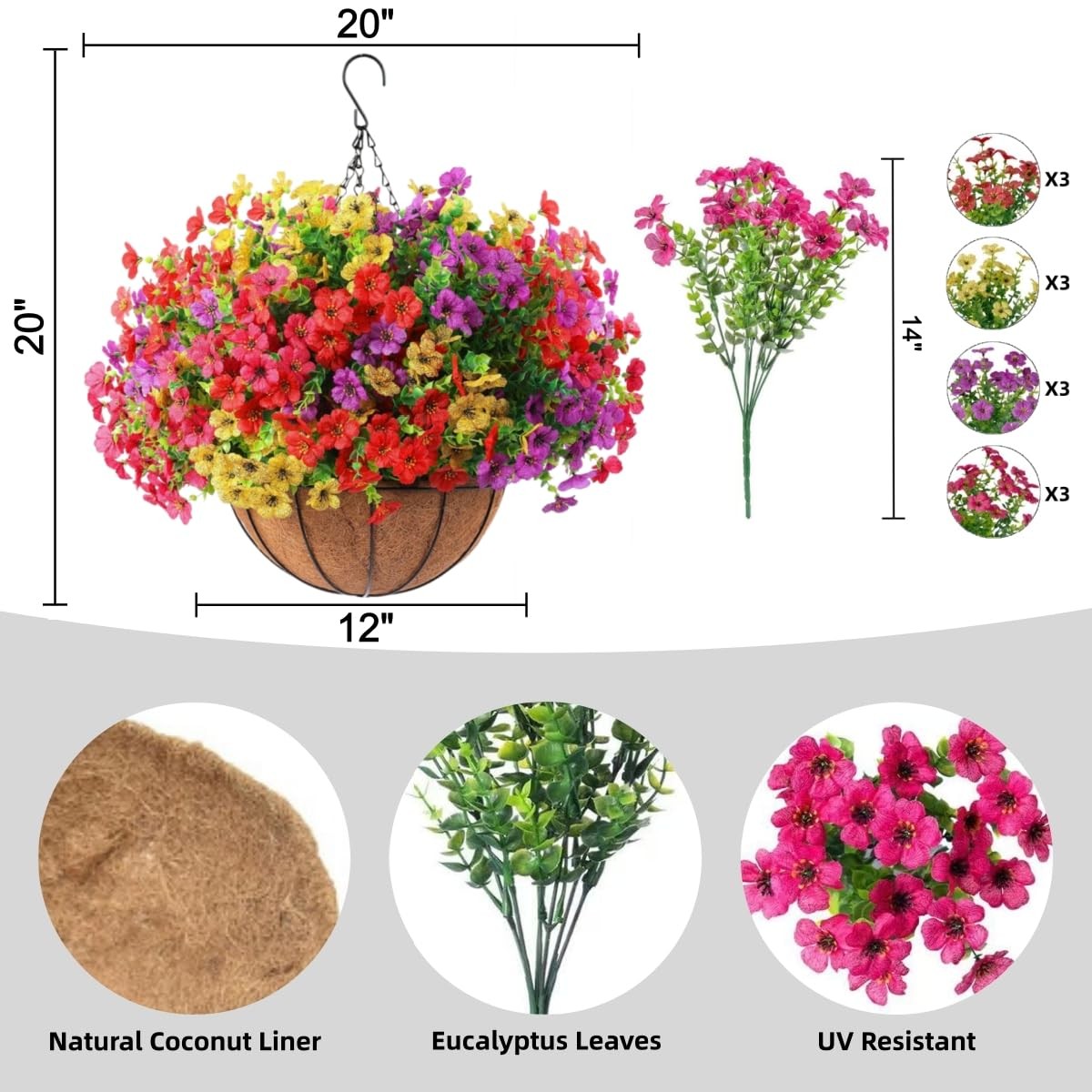 Artificial Flowers Hanging Basket for Outdoor Indoor UV Resistant Silk Flower…