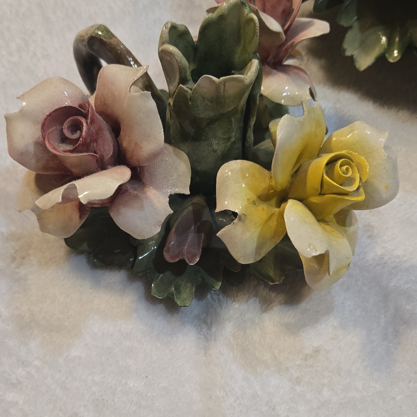 Vintage Italian Capodimonte Porcelain Rose Centerpiece Basket Candlestick Holder