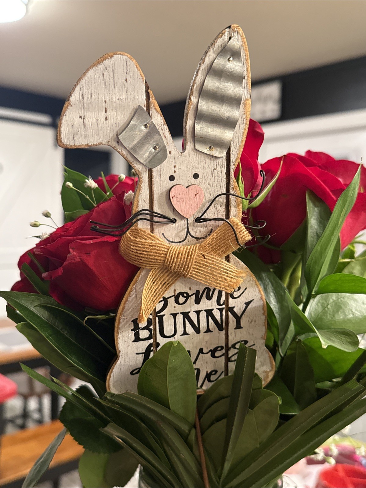 Set 2 Bunny Pick & Easter Some Bunny Loves Me Wood Floral Pick Bunny 14”