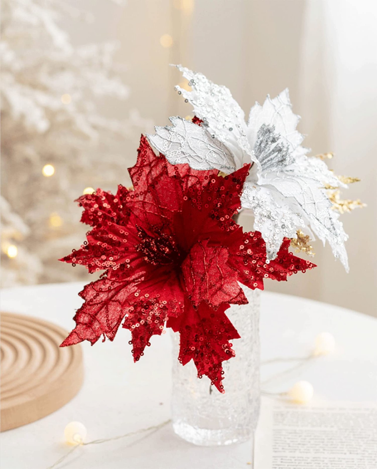 6 PCS Christmas Poinsettia Ornaments Picks Artificial Silk Flower Silver 7.8