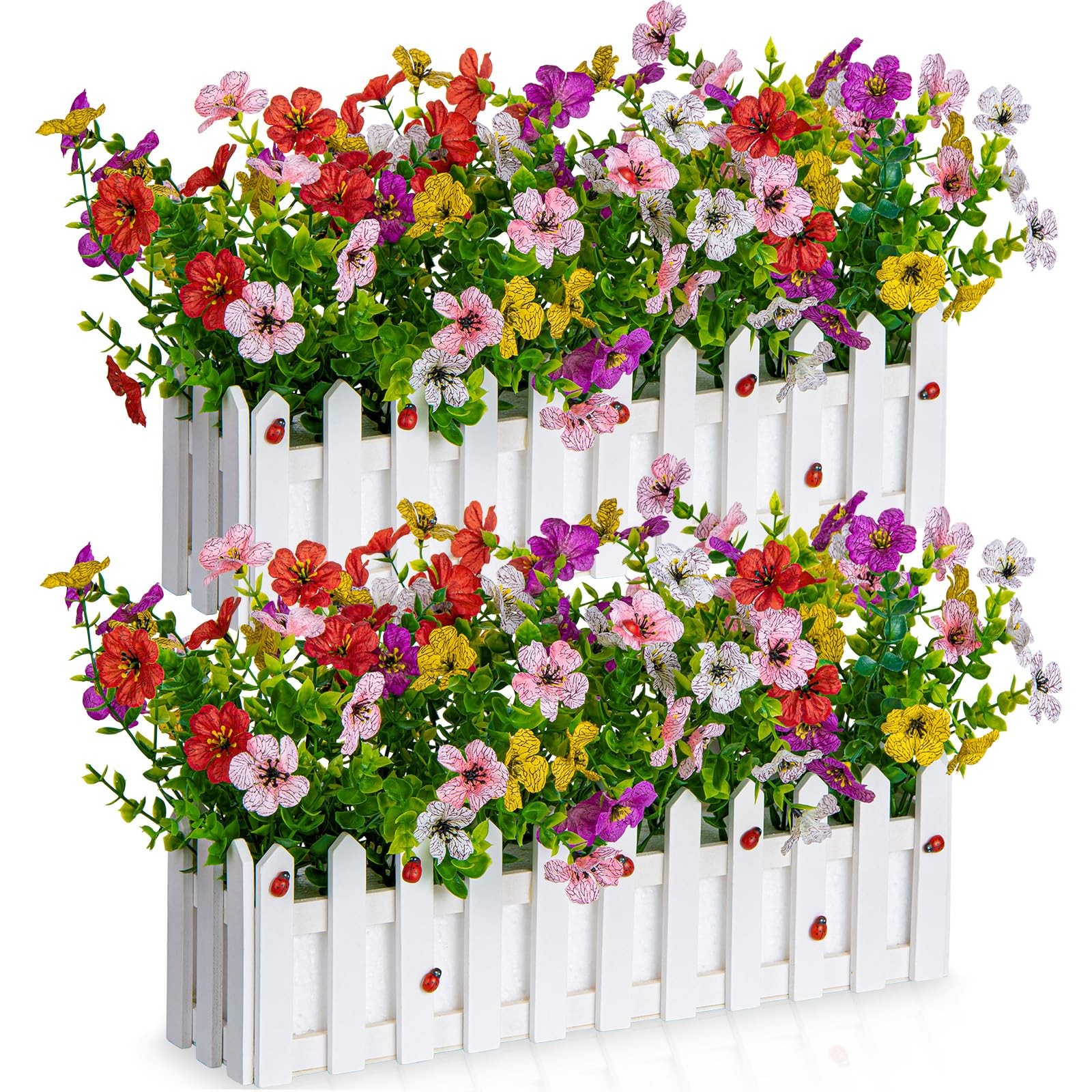Artificial Colorful Flowers Plants in Picket Fence Pot, Fake Silk Flowers Euc…