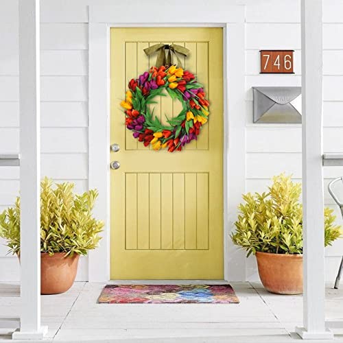 Tulip Wreath for Front Door, Spring Summer Silk 20 Inch Red Yellow Purple