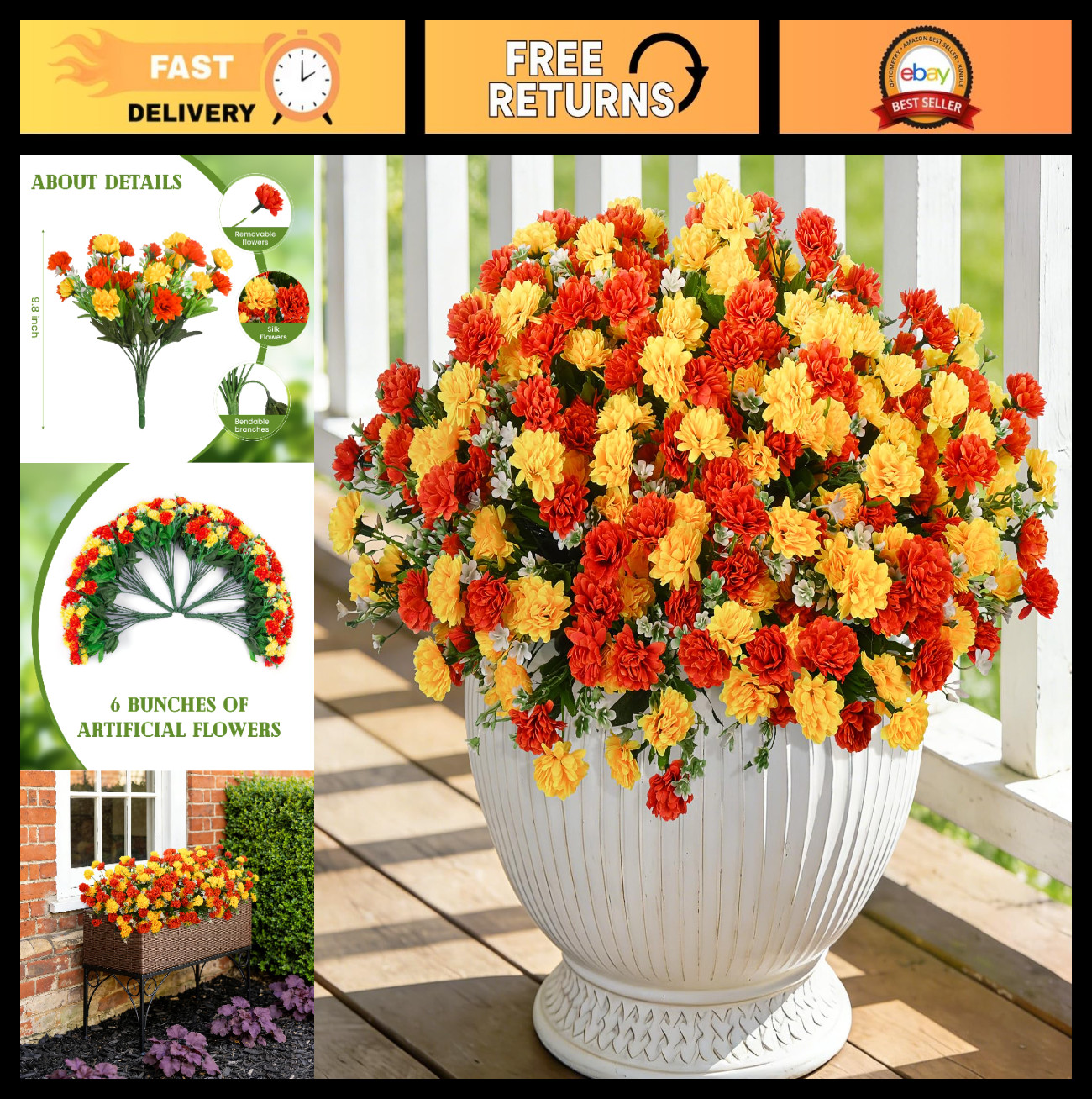 6 Bundles UV Resistant Silk Marigold Flowers – Realistic Faux Plants for Garden,