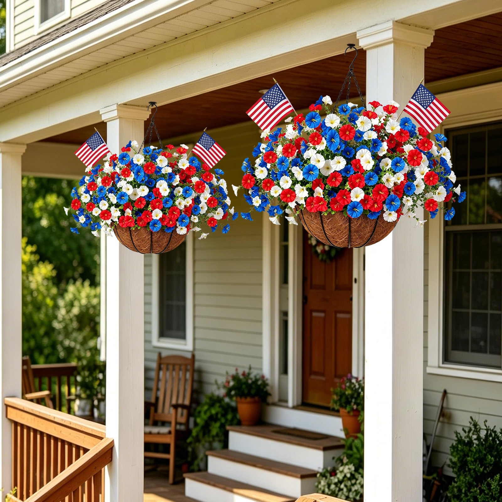 Artificial Hanging Flower Baskets, Red, White, and Blue Patriotic Faux Flower…