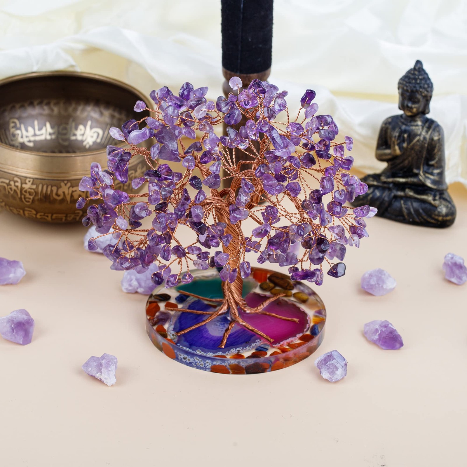 7 Chakra Healing Crystal Stones Tree, Amethyst Leaf Wire Wrapped on Natural A…