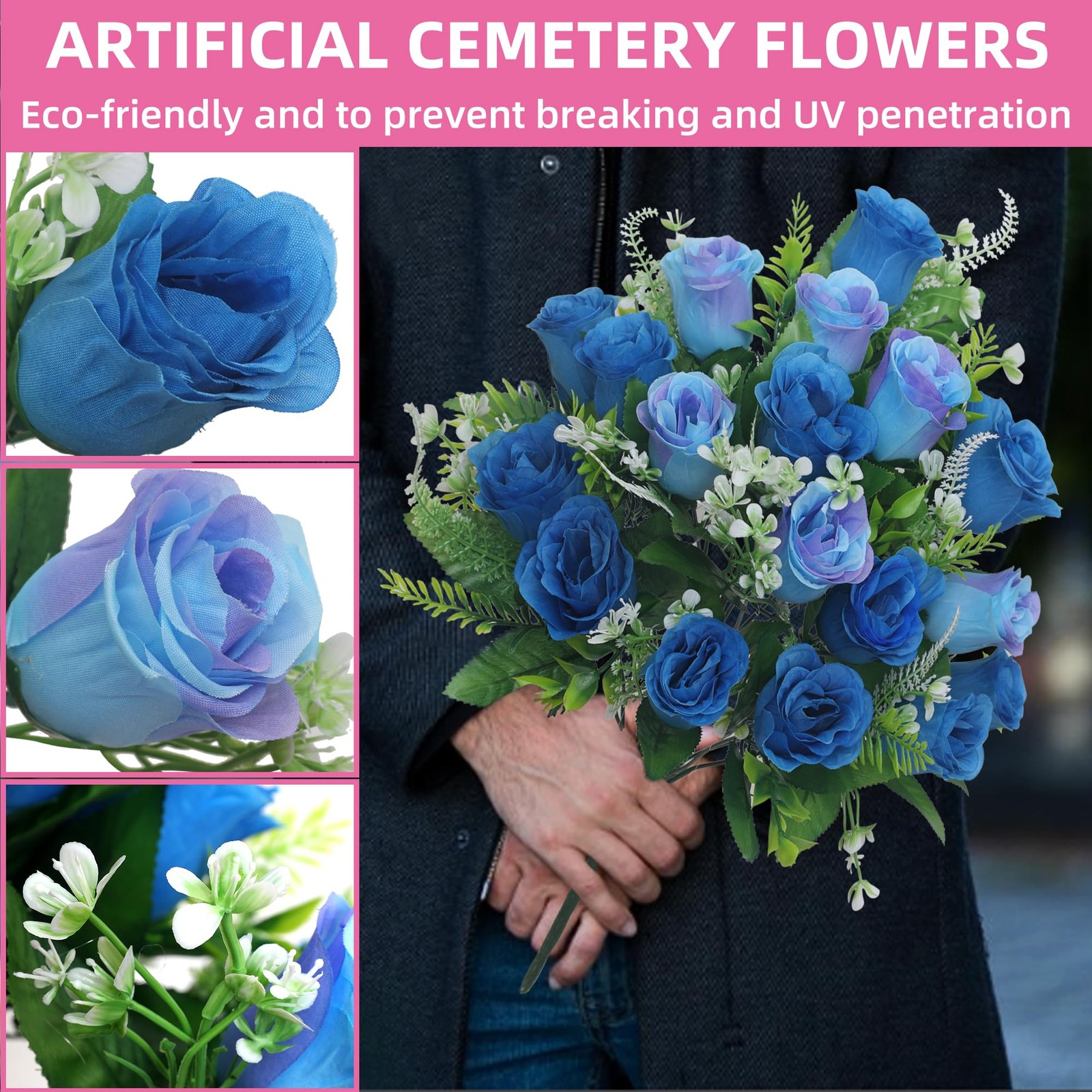 Set of 2 Artificial Cemetery Flowers, Grave Memorial Flowers with Vase, Outdo…