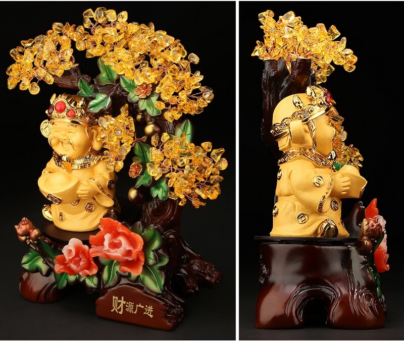 9″ Yellow Crystal Chinese Money Tree Wealth God Bonsai Statue Feng Shui Decor