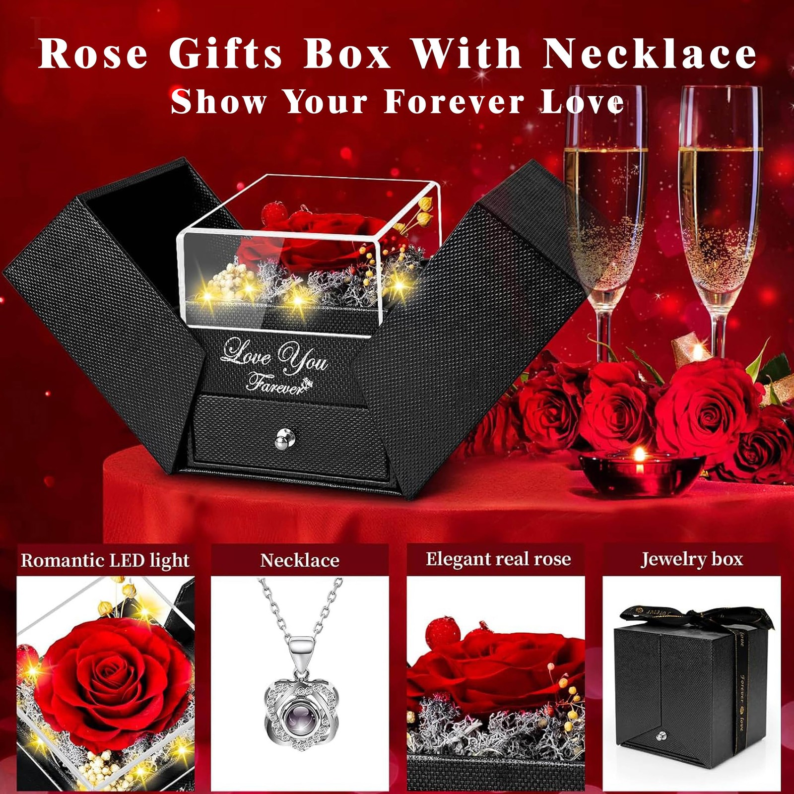 Preserved Red Real Rose with Heart I Love You Necklace -Mothers Day Gifts for…
