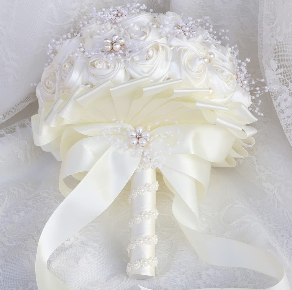 Ivory Bridal Wedding Bouquet Handmade with Rhinestone Pearl Ribbon Satin Rose…