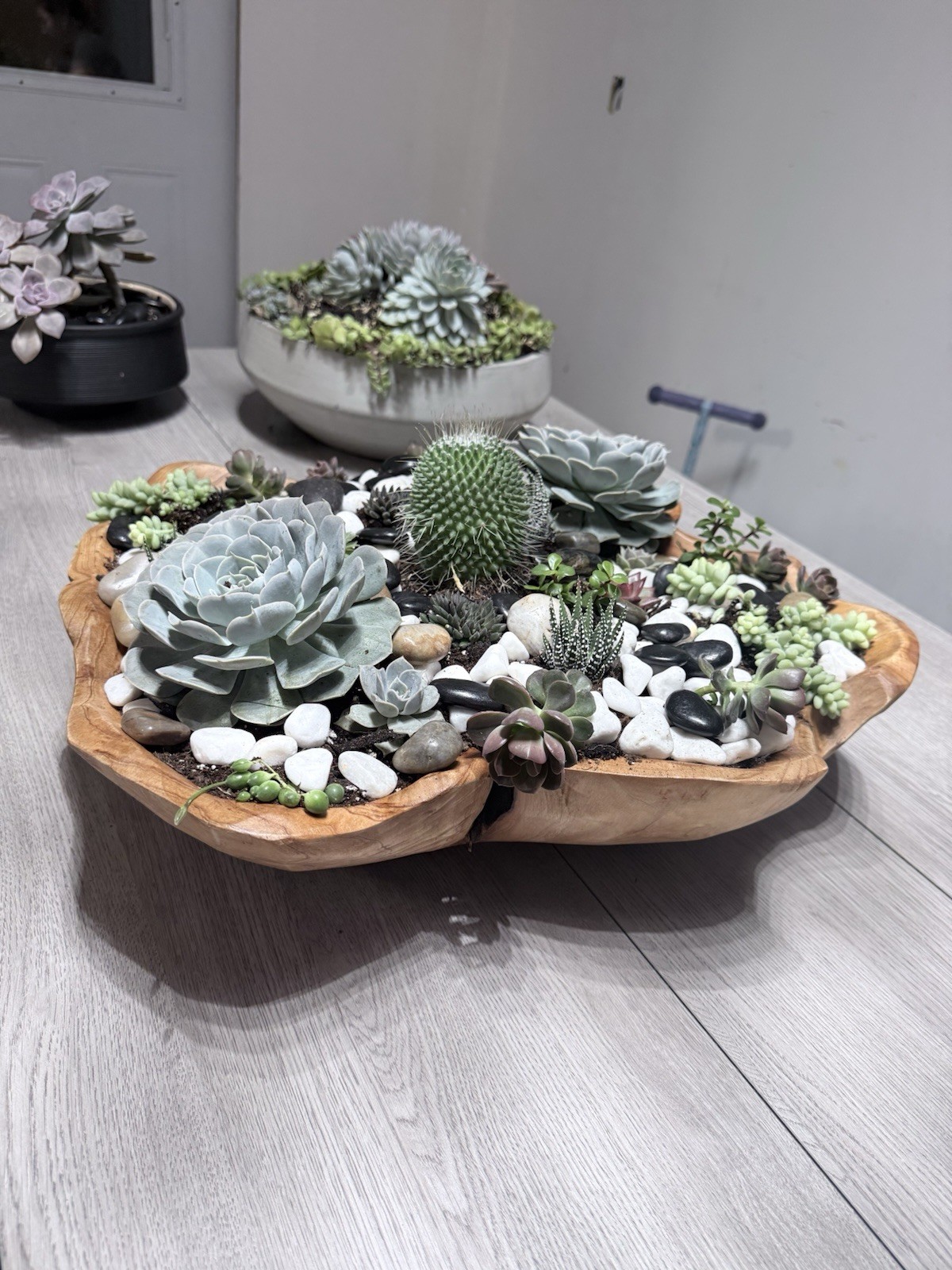 Succulent Plant Arrangement Artificial, Rectangular Wood Pot, Table Centerpiece