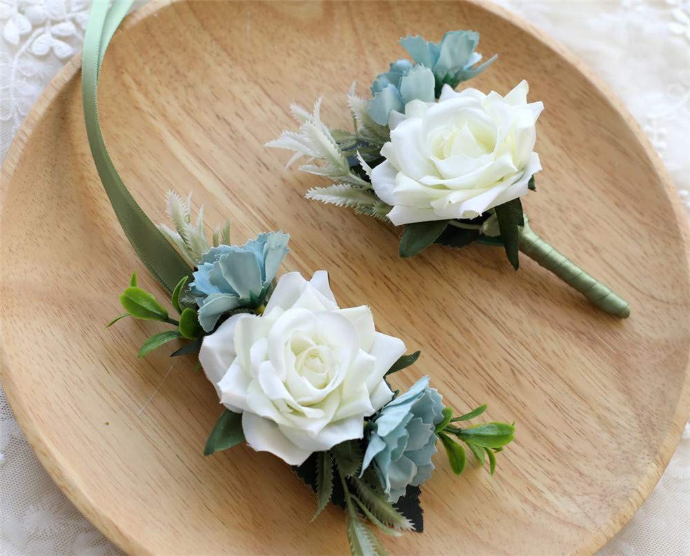 Artificial Rose Boutonniere Corsage Set Silk Flower Wedding Prom Party White