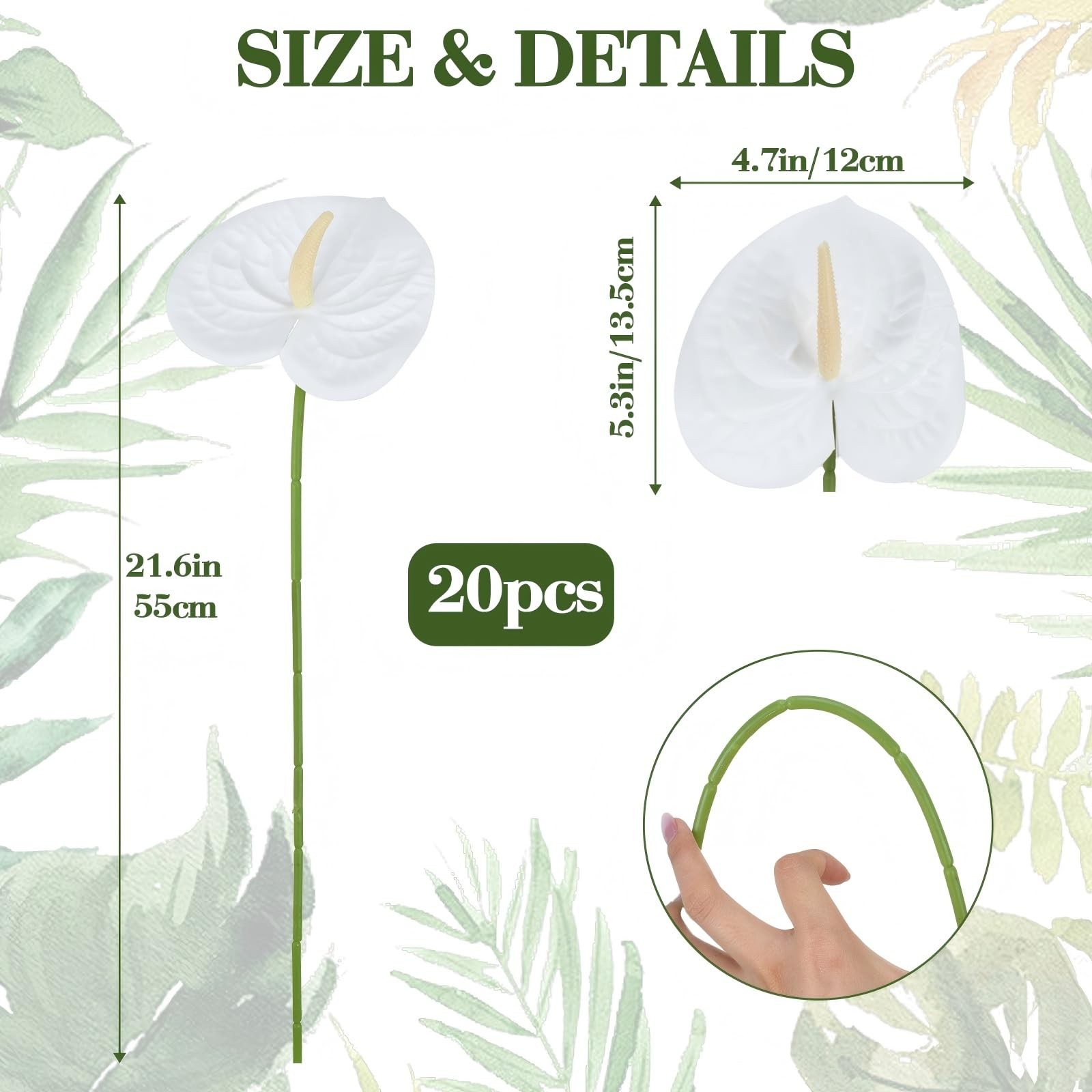 20 PCS White Faux Anthurium Artificial Tropical Flowers DIY 23.6 Inch Decor