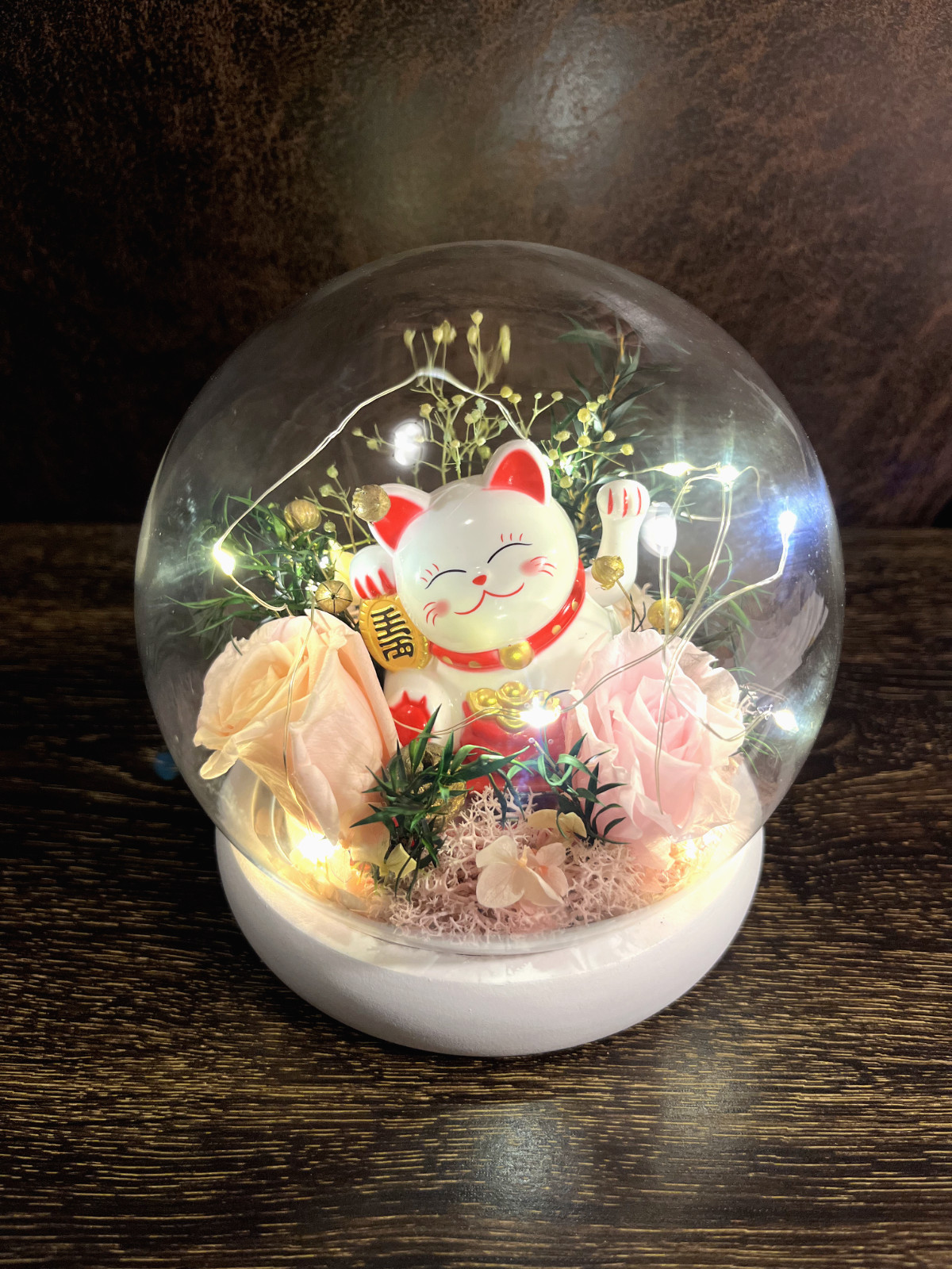 Eternal Rose Flower In Glass Dome LED Light with Japanese Lucky Cat GIFT
