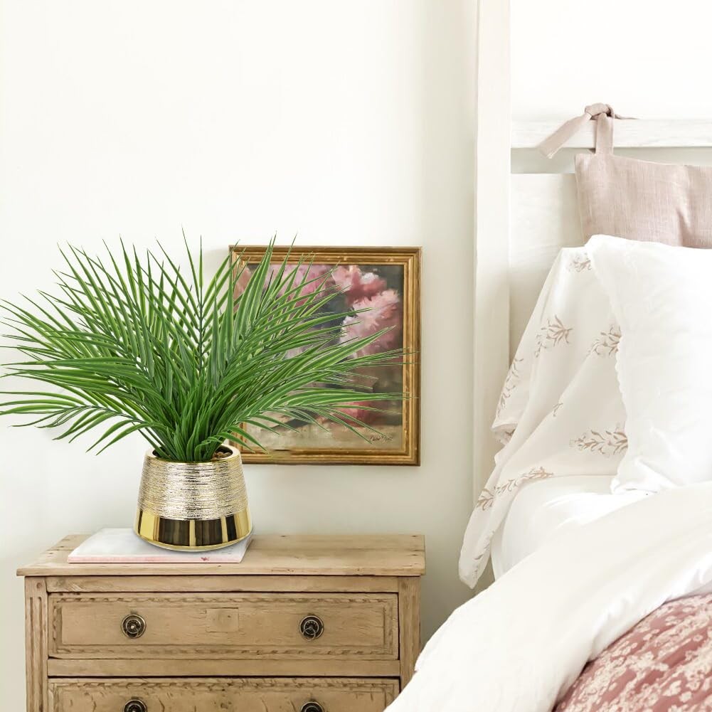 Fake Plants Artificial Palm Leaf Plant in Gold Planter – 15’’ Tall Faux Tropi…