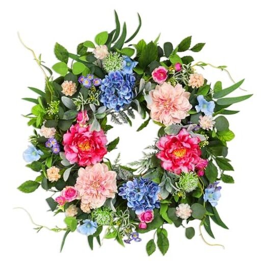 24 Inch Spring Wreaths for Front Door, Artificial Front Door Wreath Hydrangea