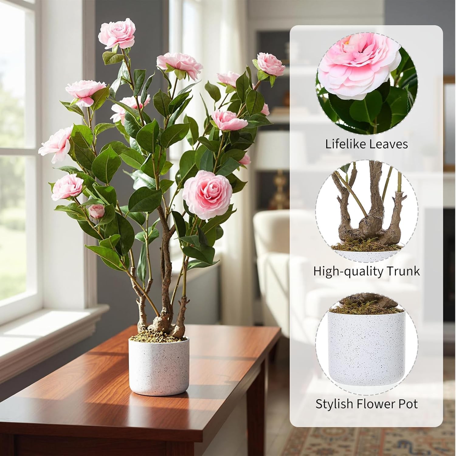 2.5FT Artificial Camellia Tree White Pot,Faux Pink Flower Plant for Home Decor