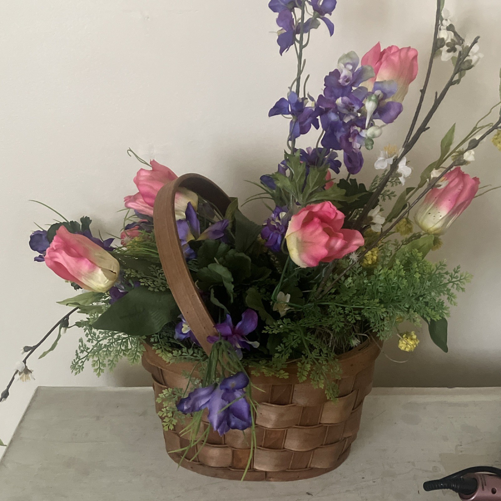 Artificial Tulip Flower Basket Arrangement Pink Purple Green Yellow
