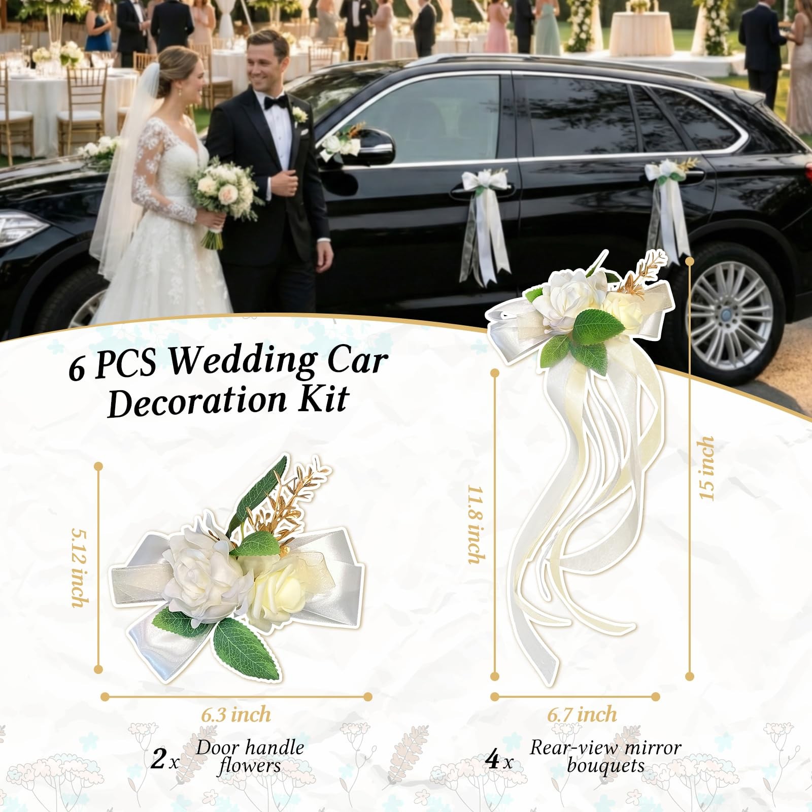 6 PCS Ivory White Rose Wedding Car Decor Kit Floral Door Mirror Bows White
