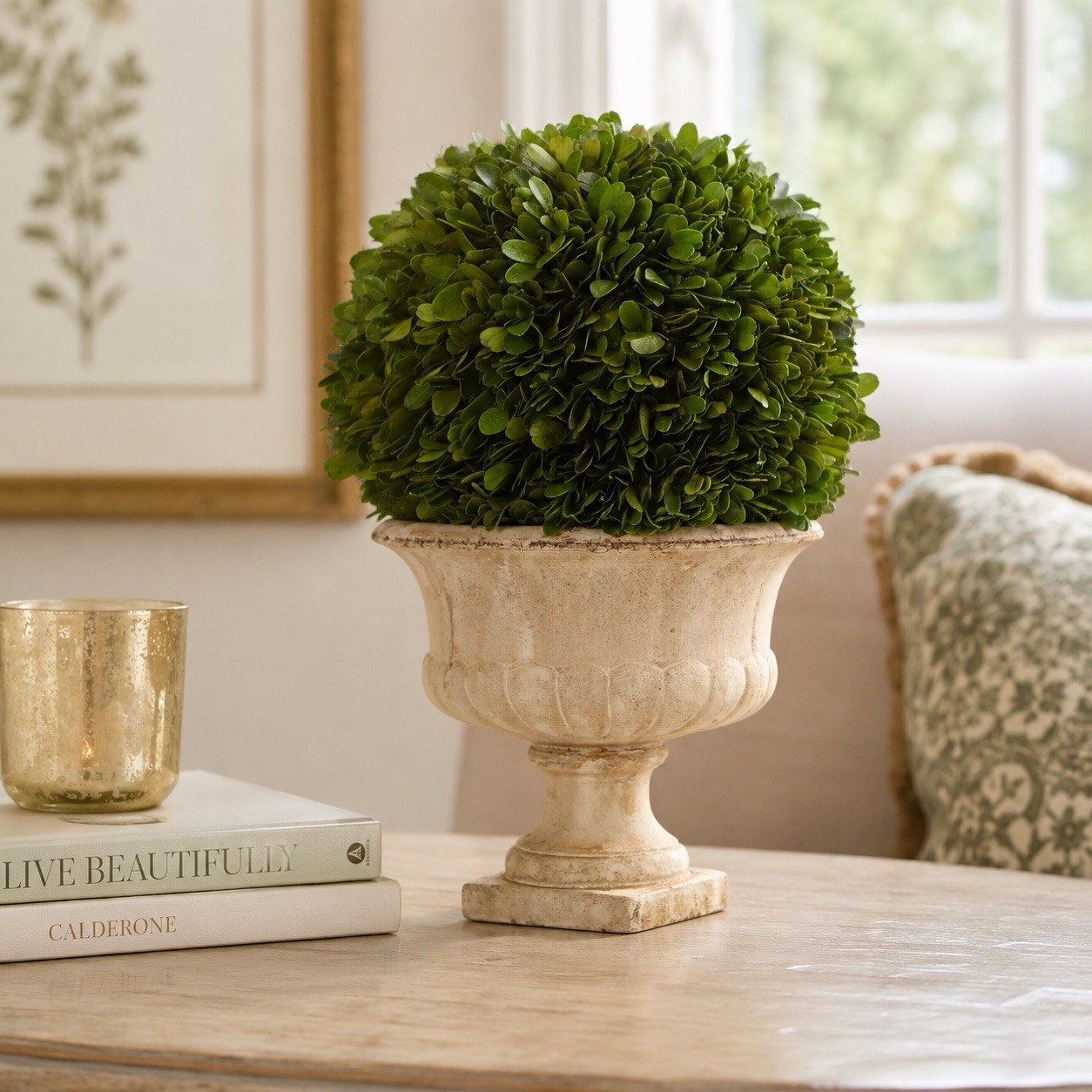 12″ Boxwood Topiary Ball Preserved Plant UV Indoor/Outdoor. Retail $102