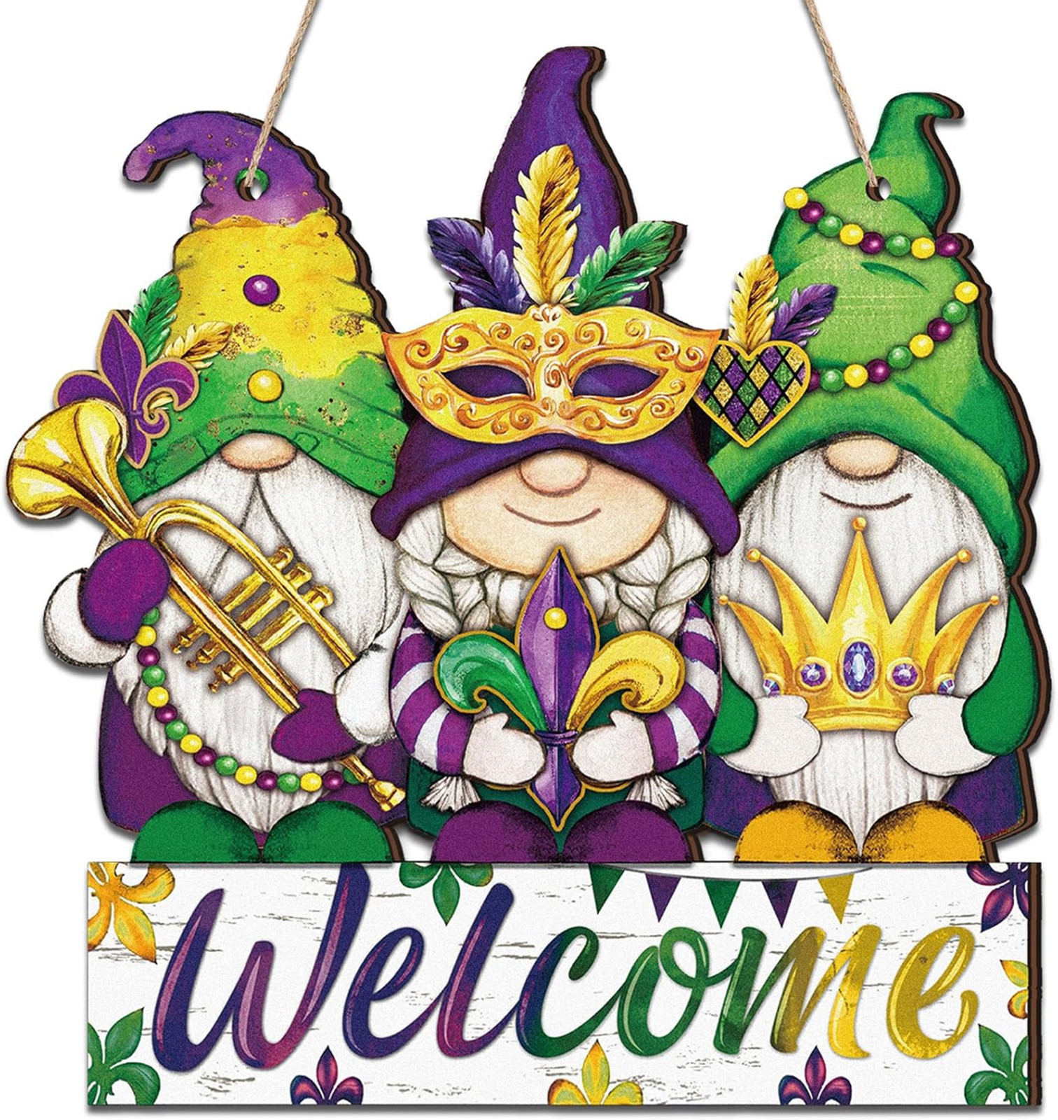 Mardi Gras Door Decor Gnome Wreath Wooden Welcome Sign Farmhouse Porch Wall