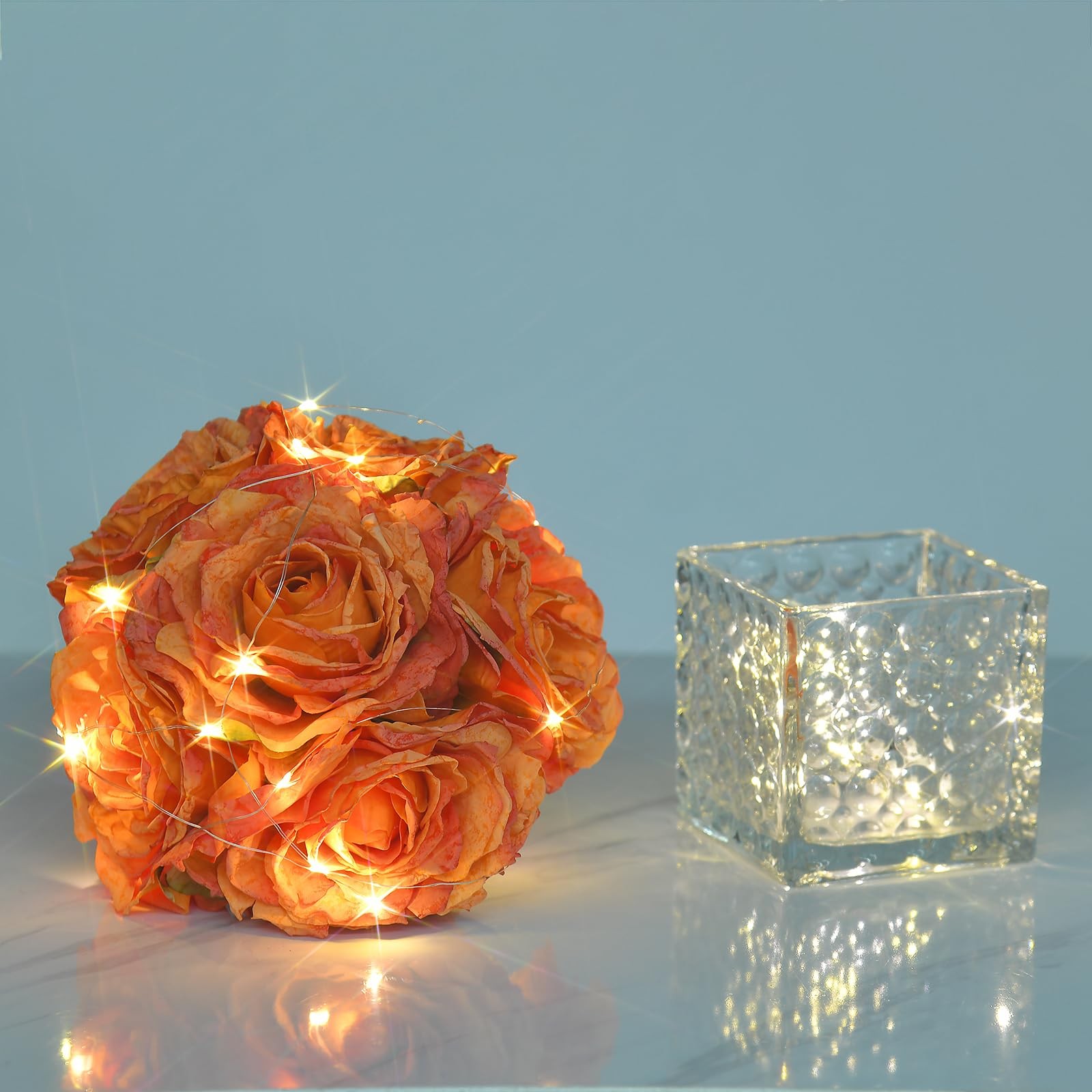 Artificial Rose in Glass Vase Vintage Silk Flower Arrangement with LED Light …