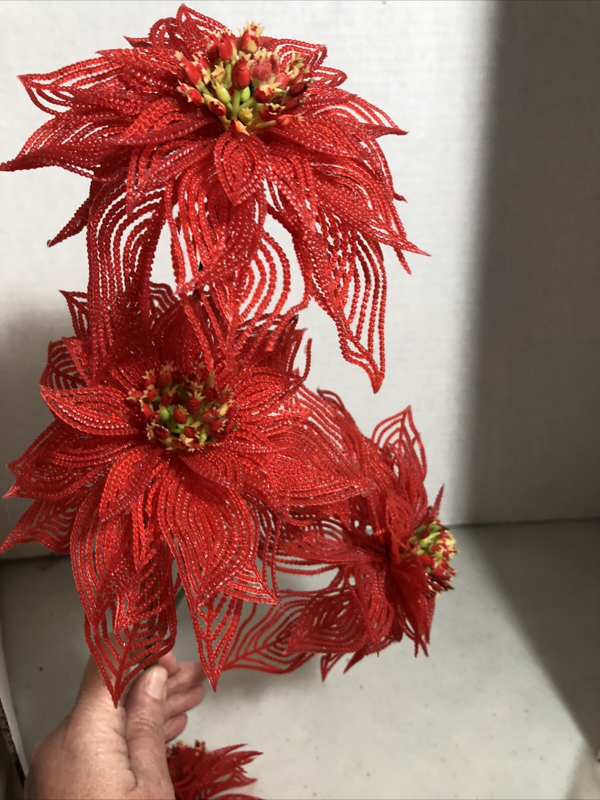 vntage poinsettia plastic foilage stems floral picks artificial Flaw