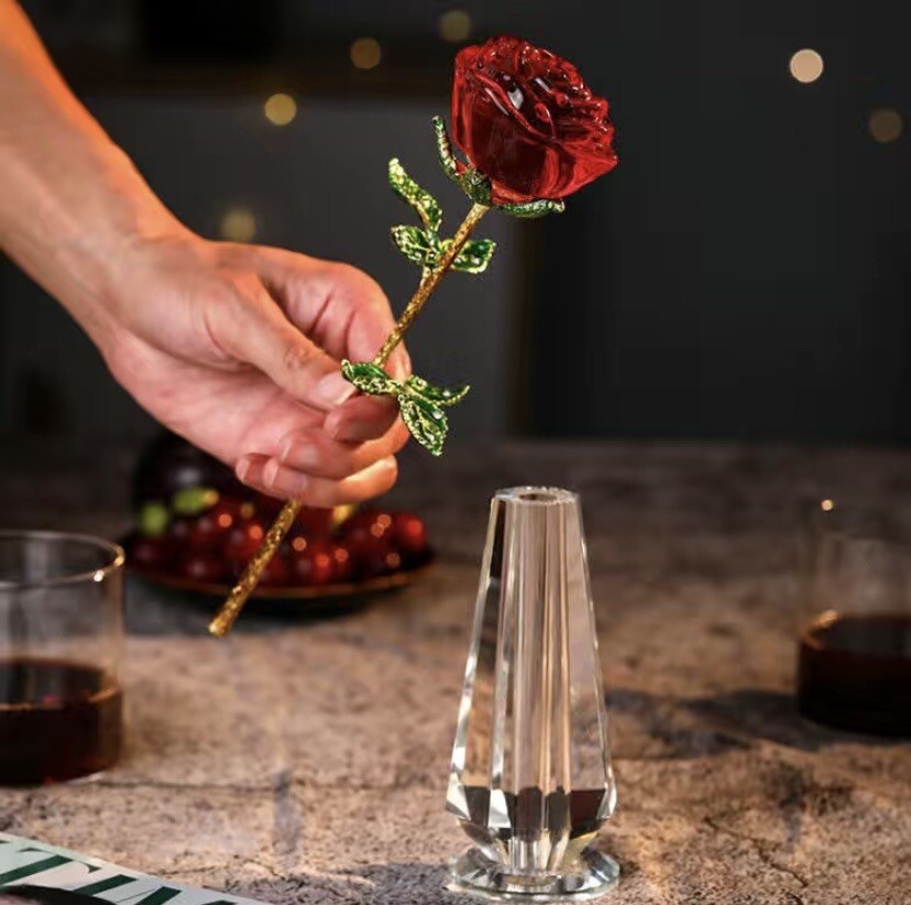 Crystal Glass Red❤️Rose Flower Gold Plated Long Stem Love Valentine’s Day Gift🌹
